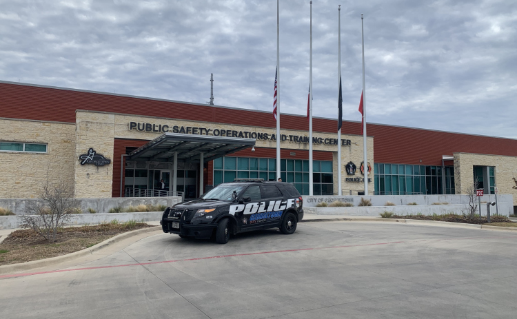 A police patrol car is parked outside Georgetown’s Public Safety Operations Center, 3500 D. B. Wood Road, on Friday, January 27. The center is headquarters for the city’s police and fire department. (Photo by Brigid Cooley)