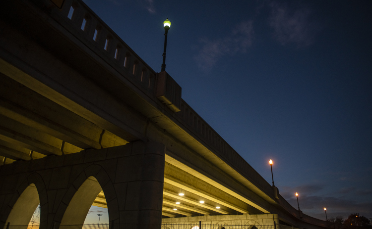 The bridge spanning the San Gabriel River near San Gabriel Park is seen on New Years Eve, Saturday, December 31, 2022.  An area under the bridge is set aside for basketball.