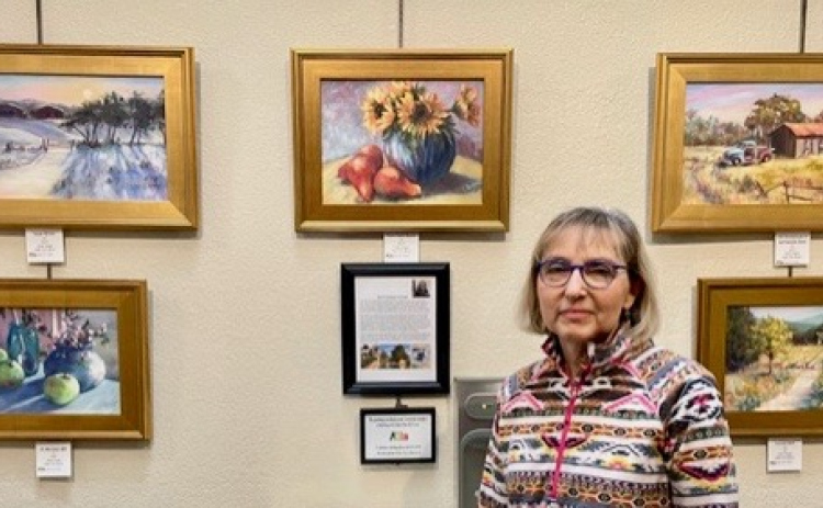 Jane Hogan’s artworks are on display at the Sun City Social Center. (Photo by Barbara Chenault)