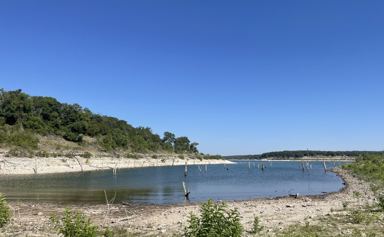 The south side of Lake Georgetown is seen with low water levels during the summer of 2022. (Photo by Nicholas Cicale)