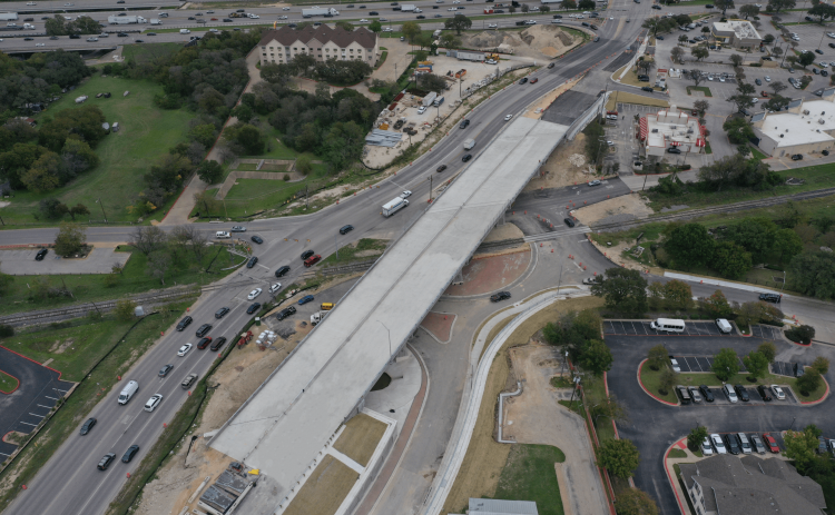 The eastbound RM 620 overpass above the new roundabout is seen under construction last November in Round Rock. (Courtesy Texas Department of Transportation)