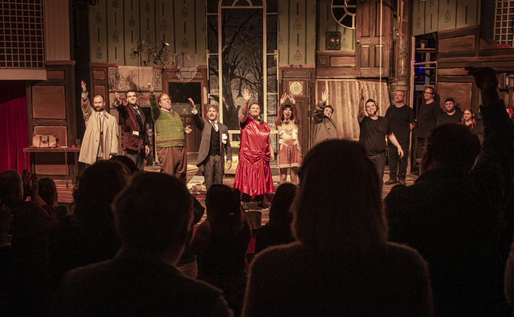The cast and crew take a bow and acknowledge the applause at the conclusion of a  Thursday, February 9 dress rehearsal for the Georgetown Palace production of "The Play That Goes Wrong," playing through March 12 on the Springer Memorial Stage.  (Photo by Andy Sharp)