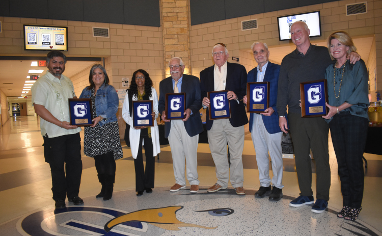 Celebrating their induction into the GHS 2023 Hall of Honor are (from left) the family of the late Daniel Aleman, Norma Clark, Jim “Bo” Guess, Stanford Armstrong, H. David Watts and the family of the late Rebekah Grace Kiltz. Photo by Katherine Anthony
