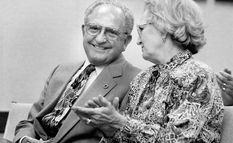 Dr. Douglas Benold and his wife, Nell, is all smiles September 20, 1994, at the announcement that Georgetown ISD's new school will be named in his honor. (Sun Archive)