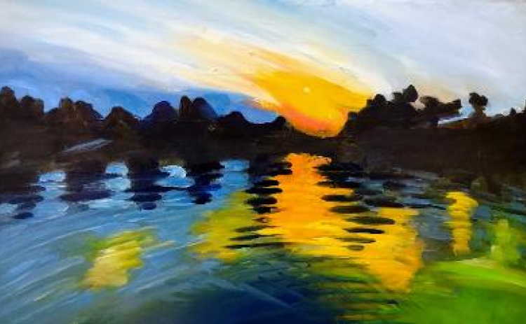 The painting “Sunset over Austin” by Lilly Ramphal Naley is on display at the Truewood by Merrill gallery through April 5.