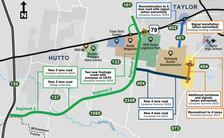 A map outlines road work around Taylor and Hutto. Courtesy Williamson County 