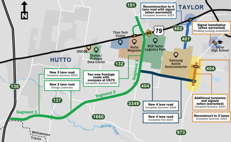 A map outlines road work around Taylor and Hutto. Courtesy Williamson County