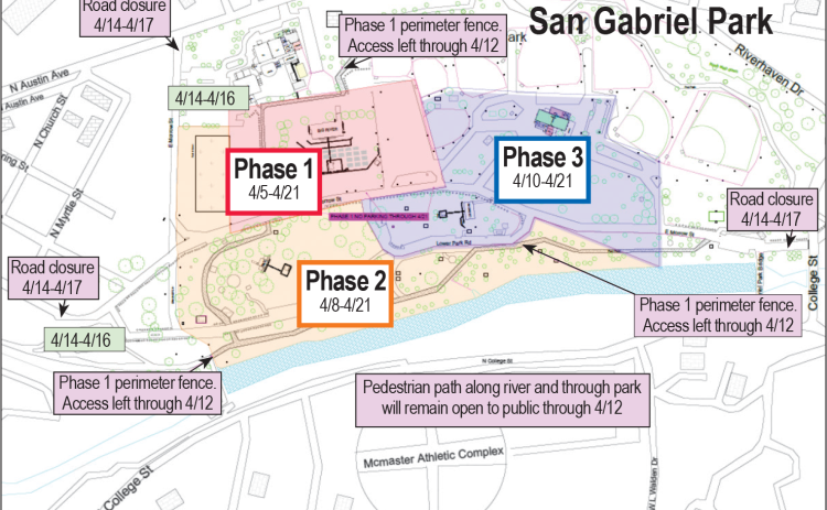 A map details possible different phases in which San Gabriel Park will be closed in preparation for the Two Step Inn Festival, which takes place April 15-16. The city will post an interactive map to help keep residents informed of park closures on its website closer to the event. Map courtesy the City of Georgetown