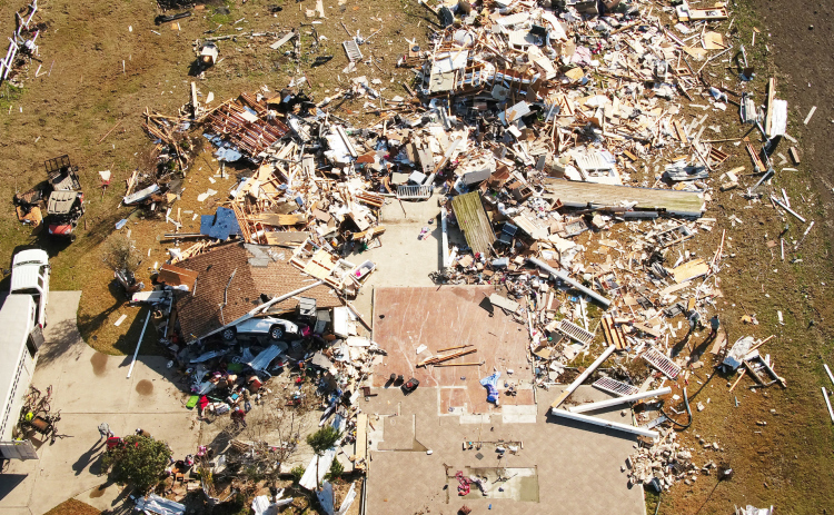 A drone photo shows damage near Granger from a tornado in 2022.