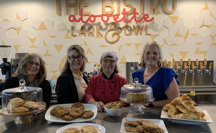 The Alouette Bistro is now operating with a limited menu at Lark & Owl Booksellers, 205 Sixth Street, Suite 101 in Georgetown. The food spot is a collaboration between bookstore co-owners Jane Estes, left, Rachael Jonrowe and Misty Adair, not pictured, as well as chefs Erika Bongort and Kathy Armstrong. Photo by Brigid Cooley