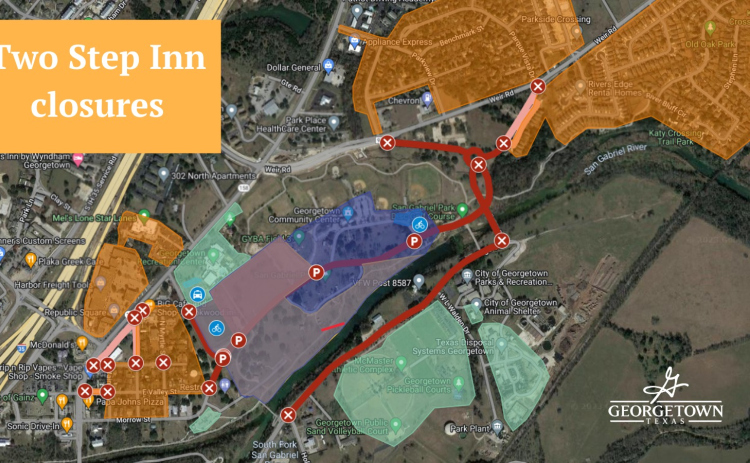 A map highlights expected road closures for the Two Step Inn festival around San Gabriel Park. Areas highlighted in orange are nearby neighborhoods where event parking will be prohibited. City facilities highlighted in light green will be closed during the festival as well, while the main festival area is in blue.
