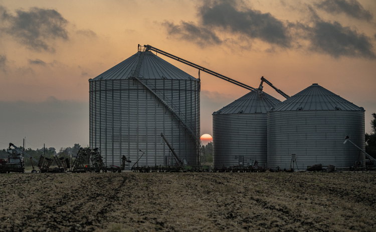 The rising sun is framed by Raesz family grain elevators along County Road 369.