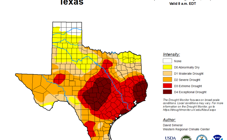 Map of the most recent drought conditions in Texas, which has reached the “exceptional” level in Williamson County — the worst possible. Courtesy of U.S. Drought Monitor.