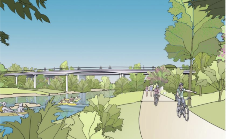 The first bridge design features a lower railing for pedestrians and cyclists. (Courtesy Rosales + Partners, Inc.)