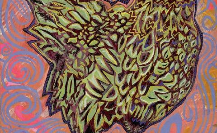 Jason Wallerstein’s “Funky Chicken” is acrylic on birchwood panel is on display at Papi’s Pies.