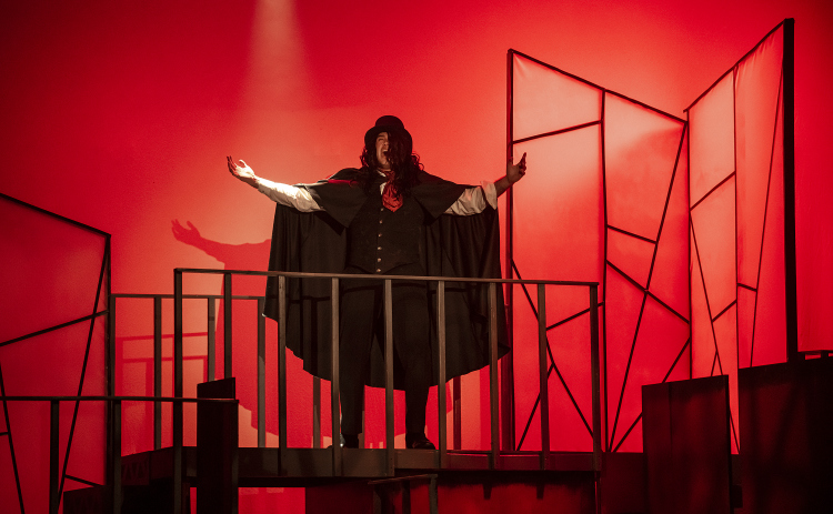 Cayden Couchman, playing Henry Jekyll and Edward Hyde, is pictured as  Hyde in a Thursday, October 5, 2023 dress rehearsal of "Jekyll & Hyde," playing on the Palace's Springer Stage through November.    Photo by Andy Sharp.