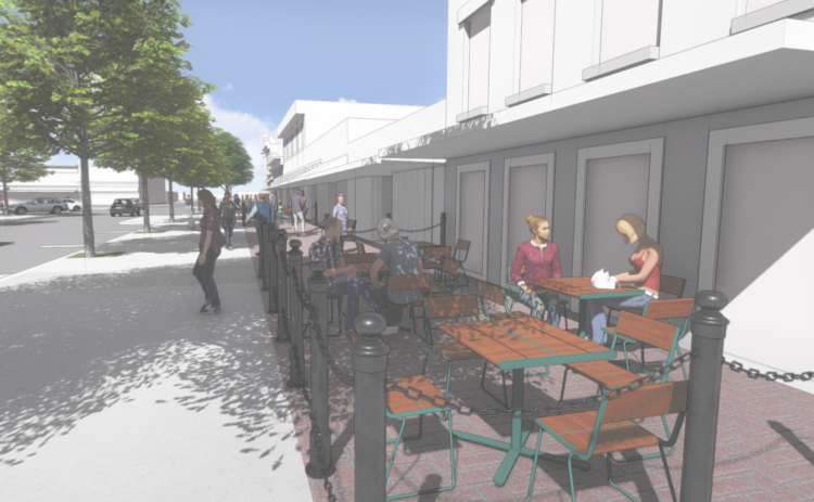 Although a conceptual design for the second option to redesign the Square, both options include space for outdoor dining and shopping. (Courtesy DW Legacy Design)
