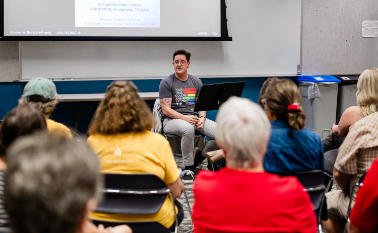 The Reverend Milo Grant speaks at an event at the Georgetown Public Library October 26, ahead of Georgetown Pride’s block party in the parking lot.  (Photo courtesy Todd White/Southwestern University)