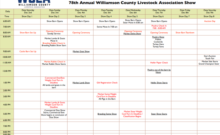 Schedule lays out the events of the Williamson County Livestock Association Show. Courtesy of Williamson County Livestock Association..