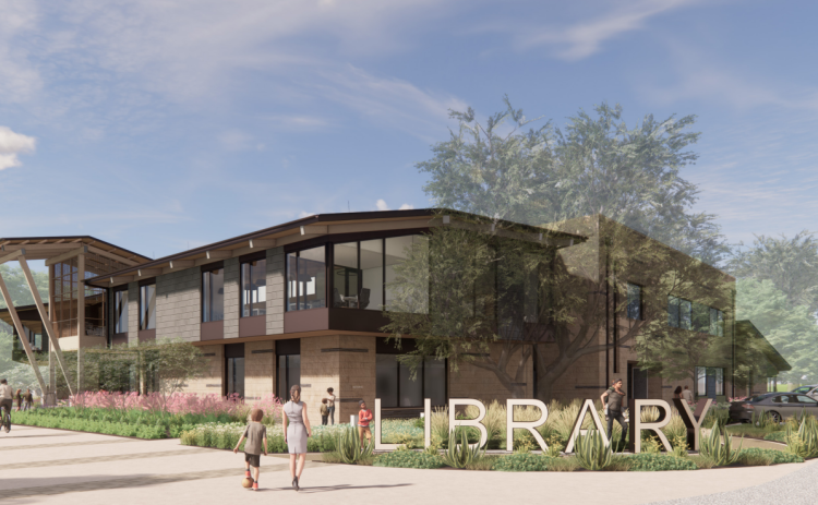 A rendering shows the view of the new Cedar Park Library from the street looking toward the main entrance and the staff/youth wing. Illustration courtesy of Cedar Park.