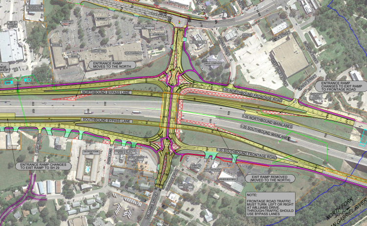 A map shows the new configuration for the Williams Drive bridge over Interstate 35.