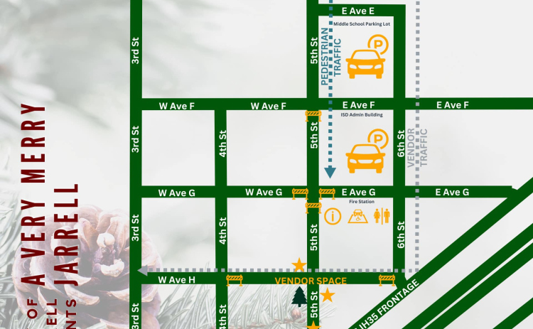 A map shows the parking and vendor locations for the A Very Merry Jarrell Christmas Festival.  Illustration courtesy of the City of Jarrell.