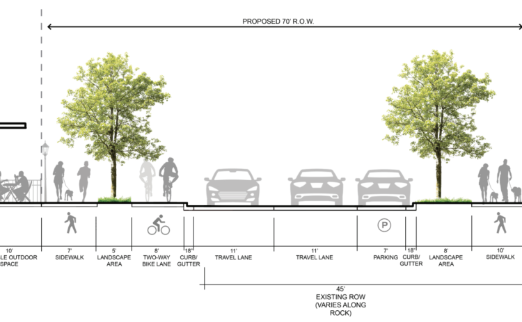 The proposition for the 70 foot Right of Way promenade north of Eighth Street would require gaining control of county property to the west of Rock Street. (Rendering courtesy City of Georgetown)