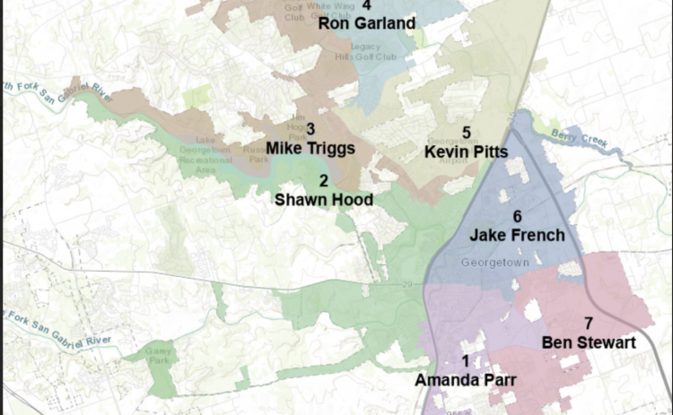The map of Georgetown’s City Council districts outline not only the outlines of each district, but also the council who currently presides over the district. (Courtesy the City of Georgetown)
