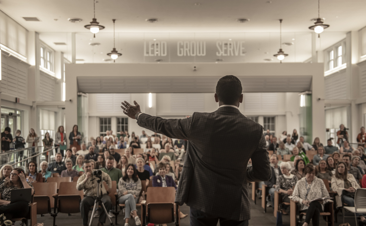 Superintendent Devin Padavil, Ed.D. speaks during the Georgetown Independent School District State of the District event held at GISD headquarters on Thursday, February 15, 2024.    Photo by Andy Sharp.
