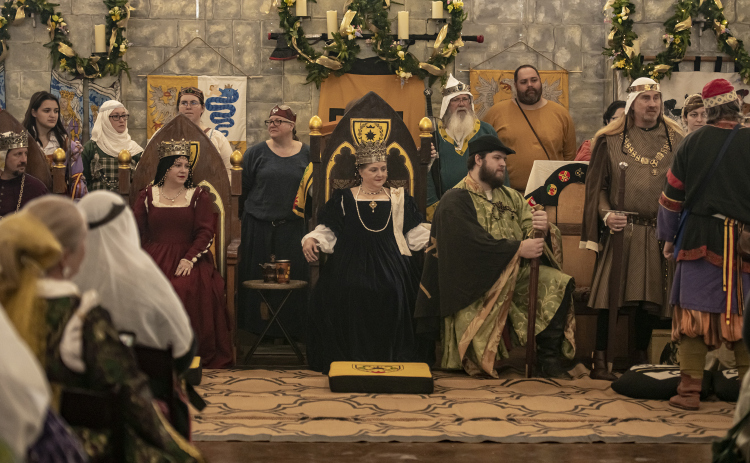 A group dressed in pre-17th Century costumes comes together at the San Gabriel Community Center on Saturday, February 3, 2024.