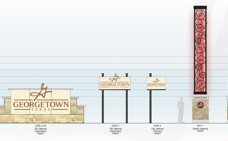 Various wayfinding signs for the city include an updated Georgetown sign with the new logo, signs for the city along smaller roads as people are entering and leaving city limits and two propositions for columns marking the downtown district.