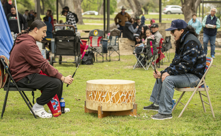Chayton Hoskins, left, and Joseph Nava perform traditional Native American songs during a gathering to talk about the history of Native Americans in the Georgetown area on Sunday, March 24. Photos by Andy Sharp