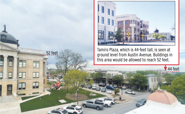 Maximum allowed building heights on downtown blocks outside of the nine-block Square will increase from 40 feet. The current proposal of 52 feet would meet the bottom of the courthouse balustrade, as marked here. To the far right is Tamiro Plaza, which stands at 44 feet as a reference. (Photos by Nicolas Cicale)