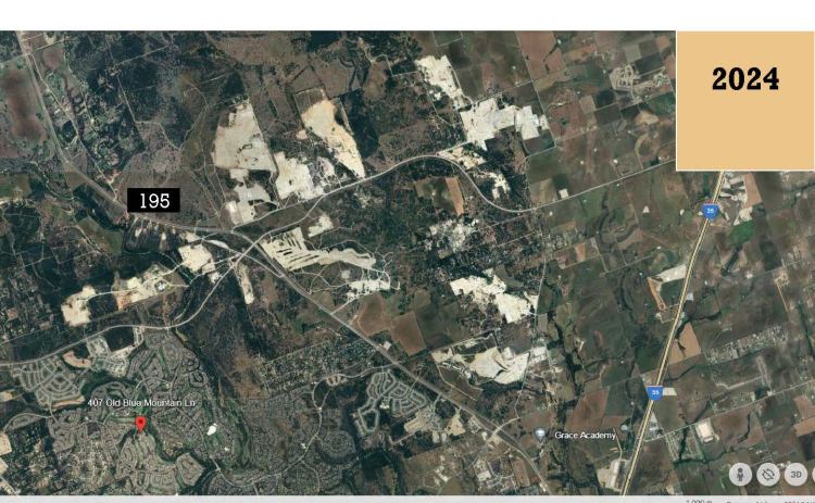 An aerial satellite view shows a collection of quarries in central Williamson County along Ronald Reagan Boulevard and Highway 195. The exposed sand and limestone at the quarries allows them to stick out as light spots on the map. Courtesy Coalition for Responsible Aggregate Mining