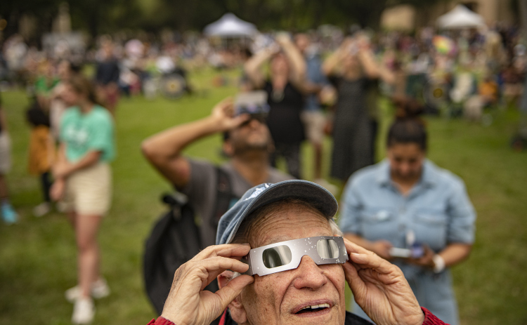 Roger Booker traveled from Maryland for the eclipse on Monday, April 8,2024, during a total eclipse event held at the Southwestern University campus.  A crowd of about 200 people show up to watch the transformation to a total solar eclipse a little after 1:30 p.m.  Expected rain held off until a little after 4:30 p.m.