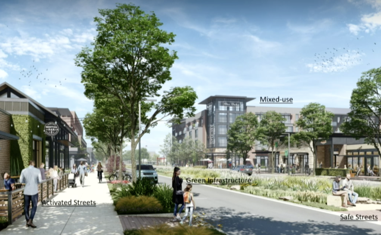 The development’s regional center would allow visitors to walk to various restaurants and businesses while still having access to the neighborhood. (Courtesy Lionheart)