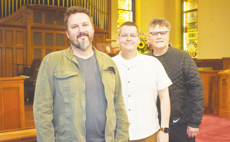 From left, Bach Festival Executive Director Mark Humphrey, First United Methodist Church Music Director Marc Profant and Barry Williamson, Texas Bach Festival founder, at the festival’s new home inside First United Methodist Church. Photo by Katherine Anthony