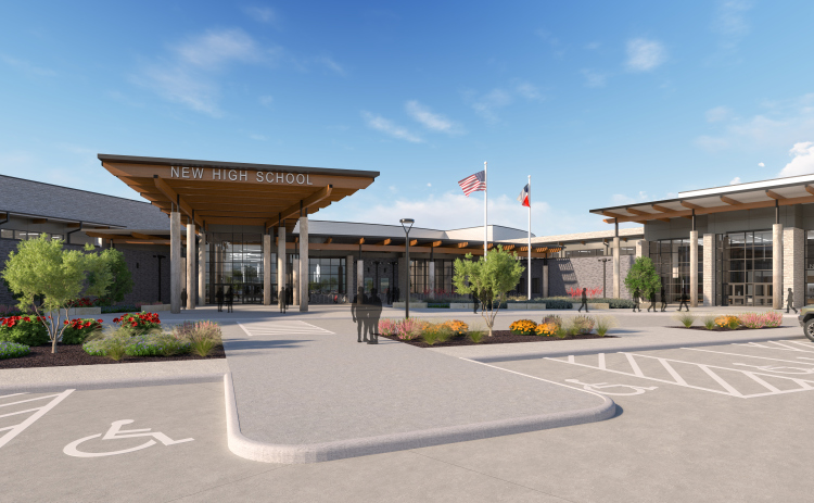 A rendering shows a possible design for Georgetown ISD's third high school, which will be funded through the approved 2024 bond election.