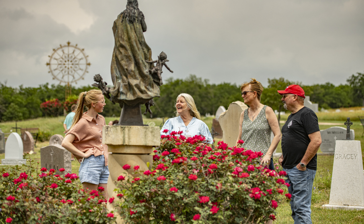 Ellen Brumder, a co-founder (with her husband, Nick) of Our Lady of the Rosary Cemetery & Prayer Gardens, was on hand Saturday, April 27, 2024 to celebrate Art in the Gardens, the 20th anniversary of Our Lady.  The couple live in New Zealand, but return to the area occasionally.    Photo by Andy Sharp.