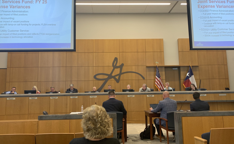 Assistant city managers, front, from left, Nick Woolery and Wayne Nero along with Assistant Finance Director Nathan Parras present budget propositions to city council with Assistant City Manager Laurie Brewer (not pictured). (Photo by Kaitlyn Wilkes)