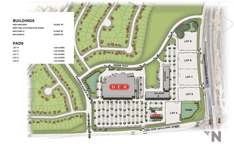 This conceptualization of Parmer Ranch Marketplace showcases where the buildings will be located and where visitors can park. (Courtesy Barshop and Oles)