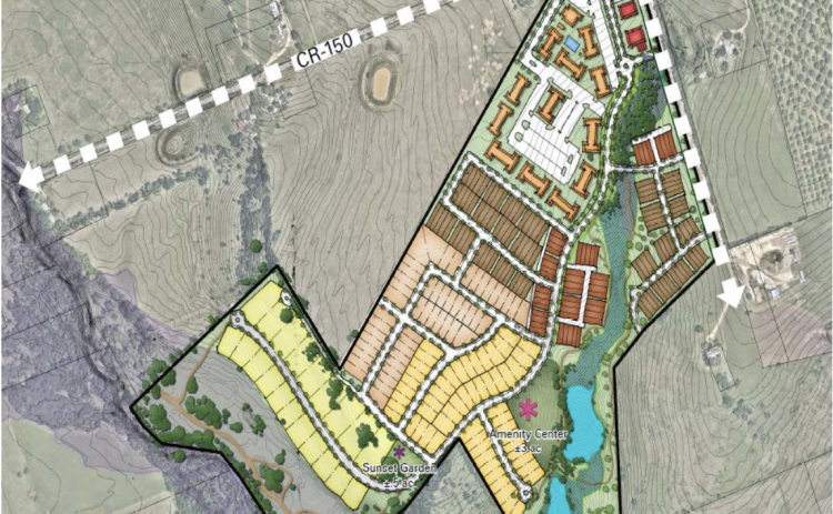 Site plans for the proposed Serenity Ranch Municipal Utility District show multi-family housing toward the front of the property and single-family housing toward the back, with the largest single-family lots along the dry portion of Berry Creek. (Courtesy Athena Domain Inc.)