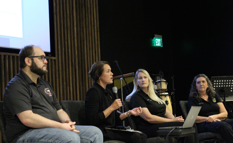 All four county Justices of the Peace give a presentation on the need for a medical examiner in Leander on July 25. From left to right: KT Musselman, Angela Williams, Evelyn McLean, Rhonda Redden. Photo by Nalani Nuylan.