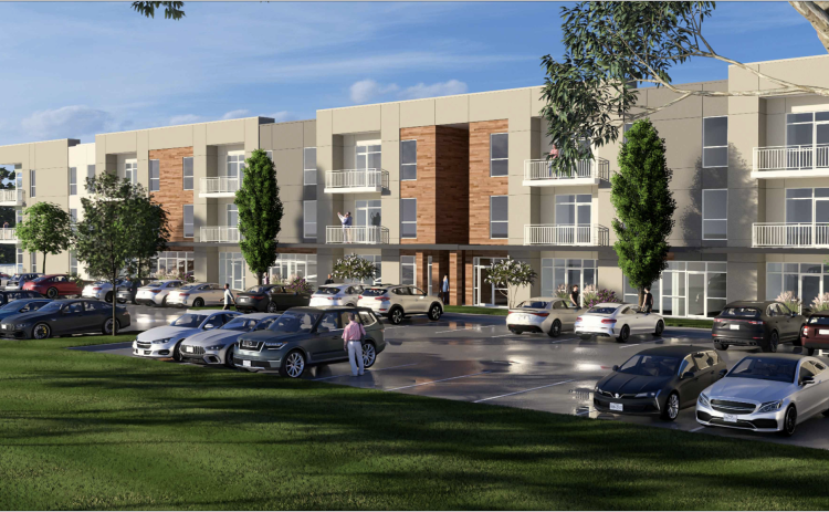 This rendering shows what the multifamily housing would have looked like and how parking would have been accommodated. (Courtesy Land Strategies Inc.)