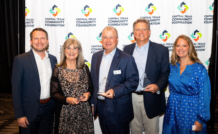 From left to right, Chairman of the Central Texas Community Foundation Luke Cochran, Texas Baptist Children's Home President Debbie Rippstein,  Ron Martin of Emerson Technologies, volunteer of the year Hollis Bone and Executive Director of CTXCF Amy Merida take a photo at the 2024 CTXCF Legacy Luncheon in Kalahari Resort and Conventions on September 4.  Photo courtesy of Central Texas Community Foundation.