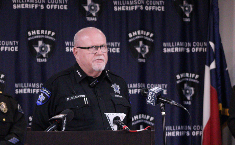 Williamson County Sheriff Mike Gleason debriefs the March Liberty Hill shooting and the investigation leading to the arrest of Clinton Wayne Harmon, 38, of Bastrop on September 18. Photo by Nalani Nuylan.