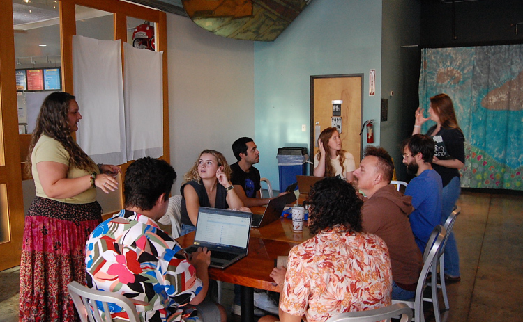 The cast discusses their tasks for the evening and tackling the next part in writing the script for Pride and Prejudice. (Photo by Kaitlyn Wilkes)