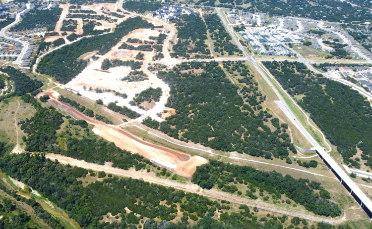 An aerial view of the West Bend development from the north, with other parts of Wolf Ranch visible. (Courtesy Hillwood Communities)