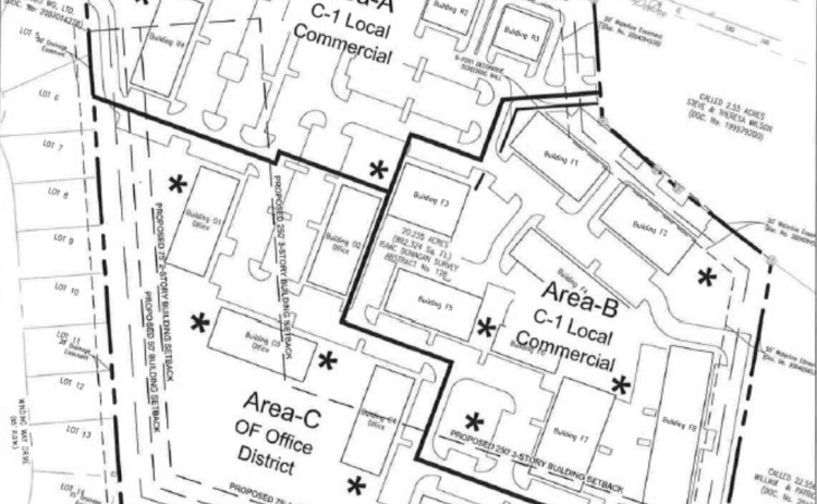 Schematics of the site show where the buildings would be and what zoning they would have. Stars on the map indicate where seating areas, outdoor or picnic spaces would be.