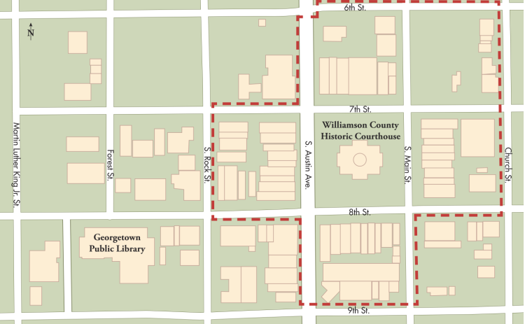 This map shows road closures during the Christmas Stroll weekend December 6-8. Dashed red lines indicate streets that will be closed.